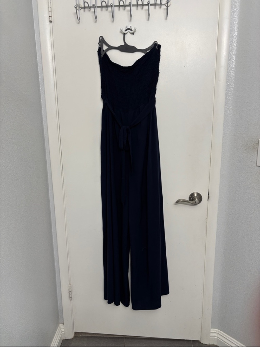 Smocked Strapless Navy Blue Jumpsuit with Tie Waist